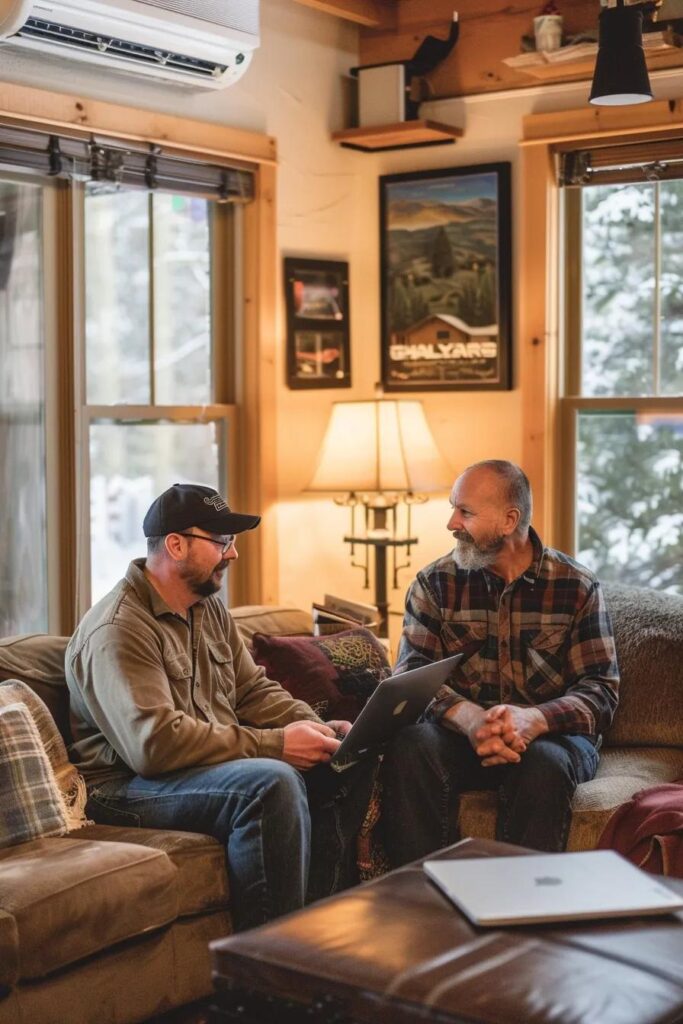 Two men discussing HVAC solutions in a cozy living room with an air conditioning unit and warm lighting, emphasizing home comfort during winter.