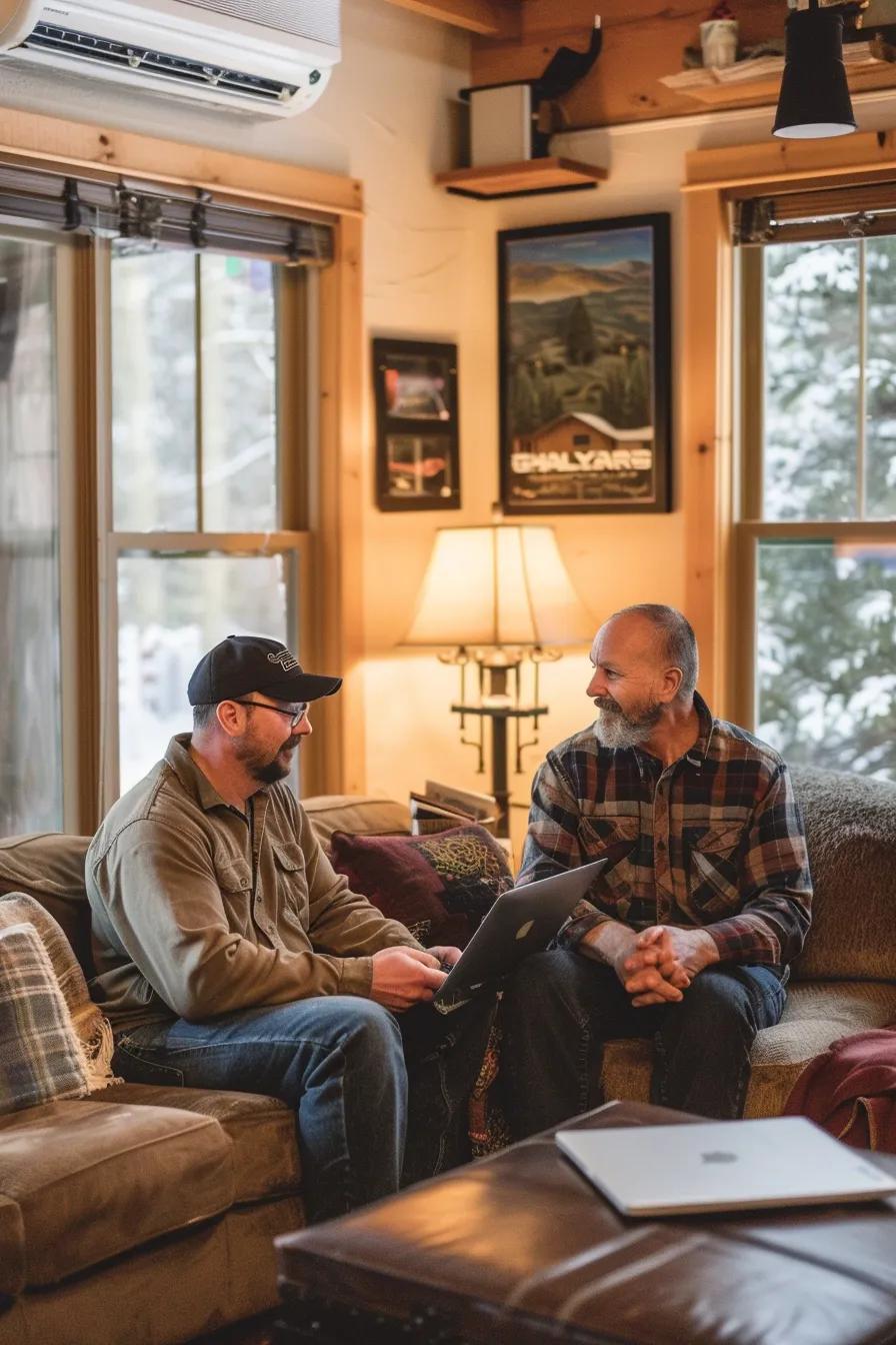 Two men discussing HVAC options in a cozy living room with an air conditioning unit, laptop open, emphasizing home comfort and local contractor consultations.