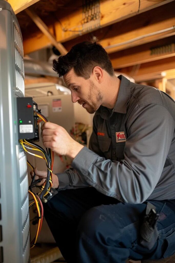 Our technician inspecting a modern HVAC system inside a comfortable home