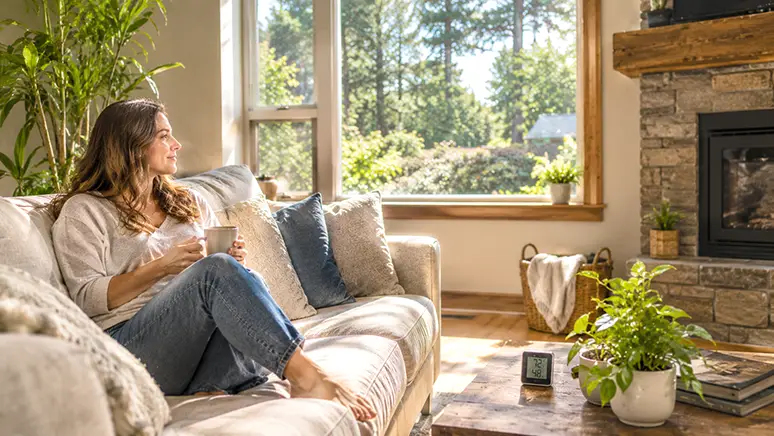 Woman on couch with hygrometer on coffee table
