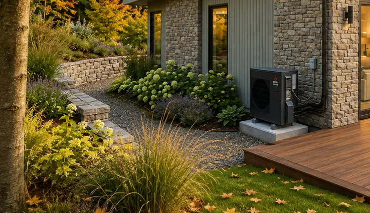 Exterior of home near the end of summer featuring a Heat Pump