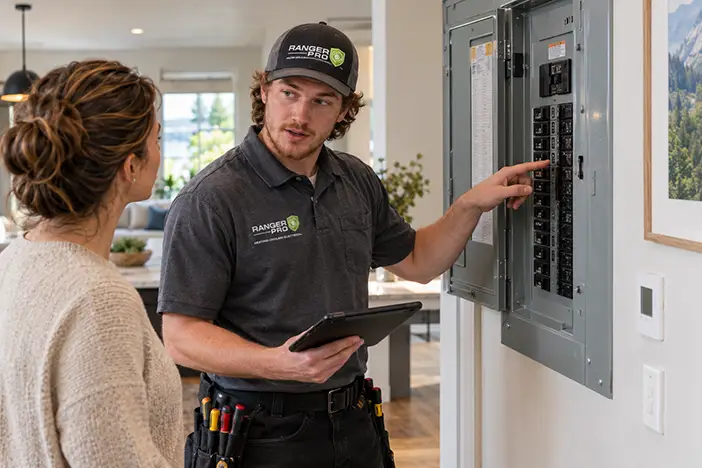 Electrician helping explain panel to homeowner