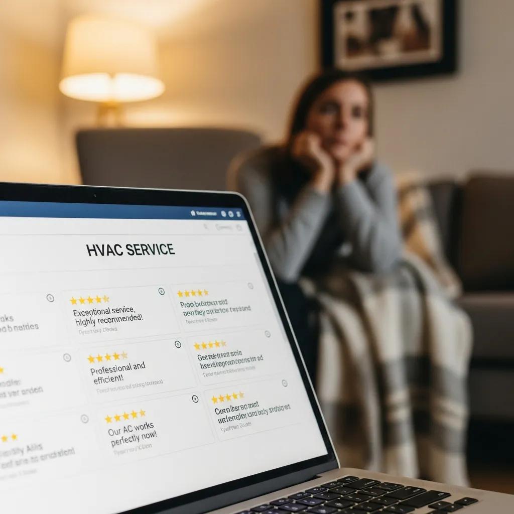 Positive customer reviews on a laptop screen in a comfortable living room