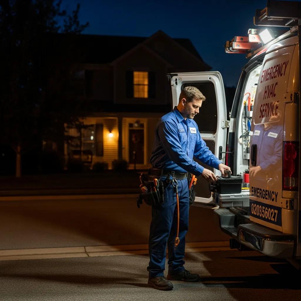 Emergency HVAC technician preparing for a night-time service call outside a home