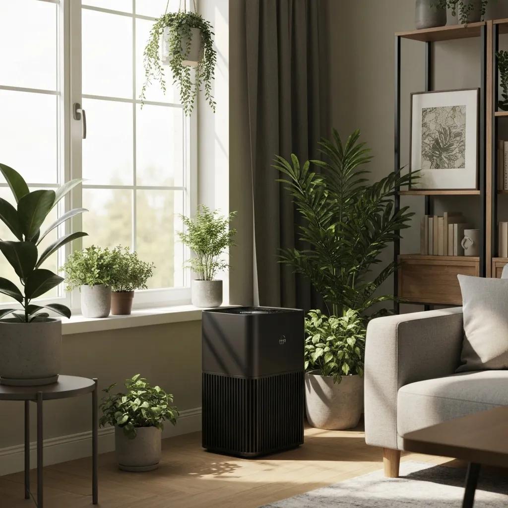 Modern air purifier in stylish living room with plants, promoting indoor air quality and comfort.